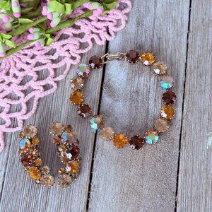 Vintage Karu Arke Inc. AB Rhinestone Bracelet and Clip on Earrings Gold Amber